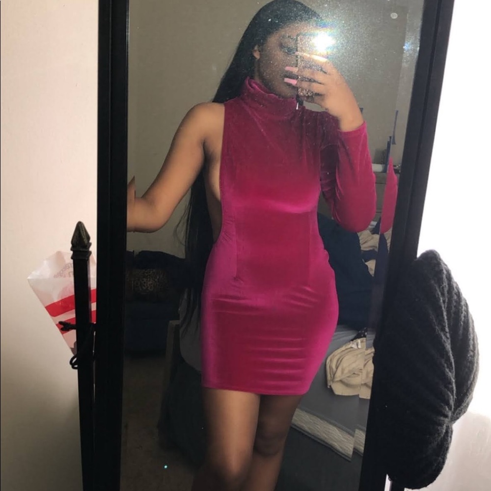 One Shoulder Pink Velvet Dress
